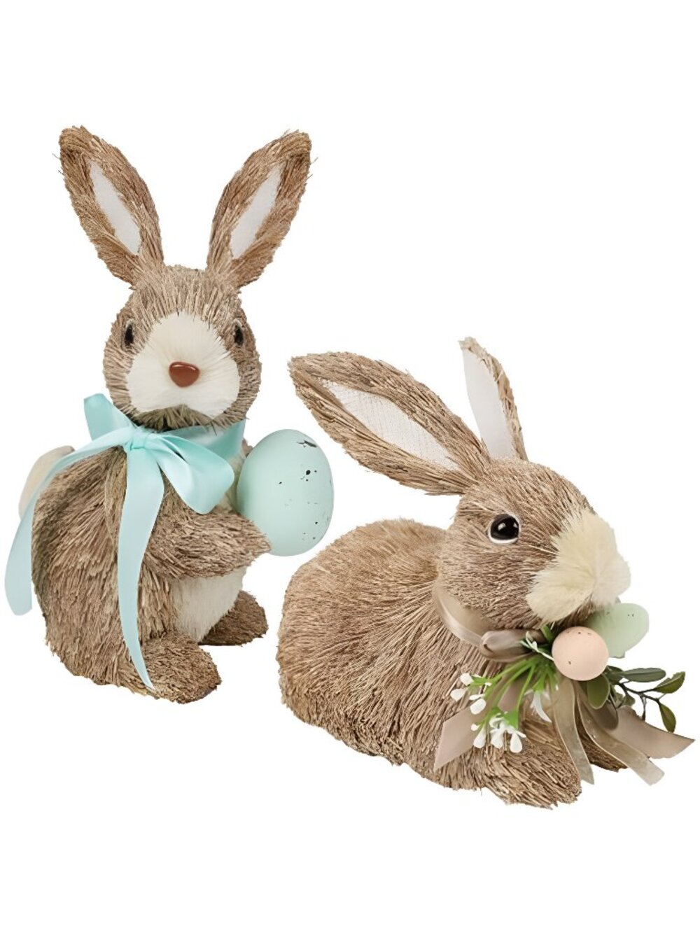 Set of 2 Easter Decorations Bunny Figurines with Eggs, Spring Straw Rabbit